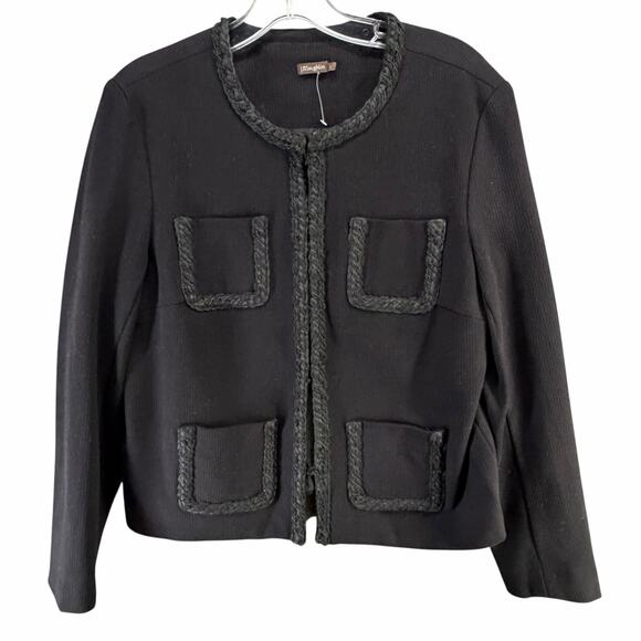 J. McLaughlin Jackets & Blazers - J McLaughlin Fanning Jacket Womens L Black Braided Trim Pockets Preppy Classic